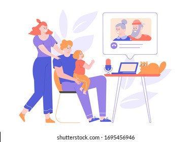 Parents and little daughter call grandparents from a laptop. Online chat, video call, remote communication with relatives. Family together. Quarantine and self-isolation. Vector flat.