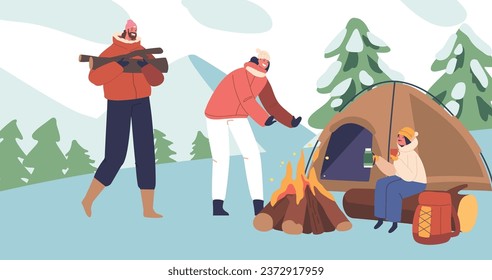 Parents and Little Daughter at Winter Camp, A Snowy Wonderland Where Family Characters Bond By The Fire, Vector