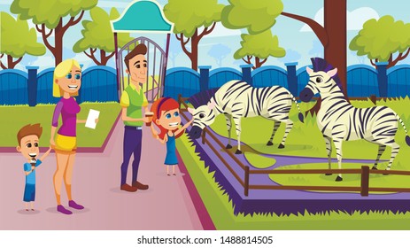 Parents with Little Kids Visiting Animal Park, Happy Family Excursion, Summer Time Vacation Activity, Leisure, Outdoors. Children Feeding and Caress Zebras in Zoo, Cartoon Flat Vector Illustration