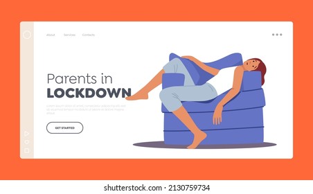 Parents in Lockdown Landing Page Template. Tired Asleep Female Character Lying on Sofa in Room with Open Eyes. Tiredness, Depression, Sleeping Deprivation Concept. Cartoon People Vector Illustration