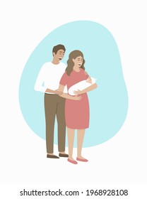 Parents look at their newborn baby. Happy family with a baby in her arms. Mom holds the baby in her arms. Flat vector illustration.