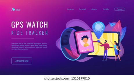 Parents looking at child location on tablet and GPS traking watch. GPS kids tracker, kids tracking and parental control concept on white background. Website vibrant violet landing web page template.