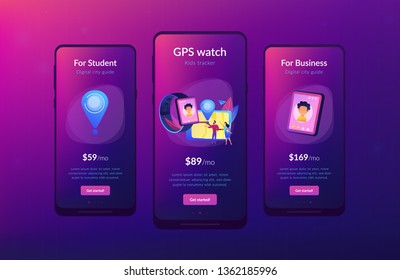 Parents looking at child location on tablet and GPS traking watch. GPS kids tracker, kids tracking and parental control concept on white background. Mobile UI UX GUI template, app interface wireframe