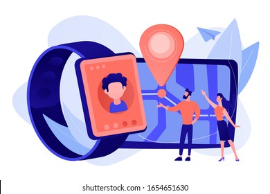 Parents looking at child location on tablet and GPS traking watch. GPS kids tracker, kids tracking and parental control concept on white background. Pinkish coral bluevector isolated illustration