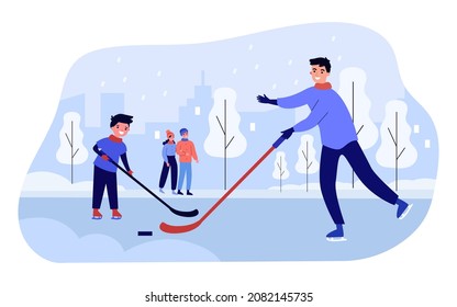 Parents Looking At Children Skating With Sticks And Puck. Boys Playing Hockey On Ice Rink Flat Vector Illustration. Winter Outdoor Activity Concept For Banner, Website Design Or Landing Web Page