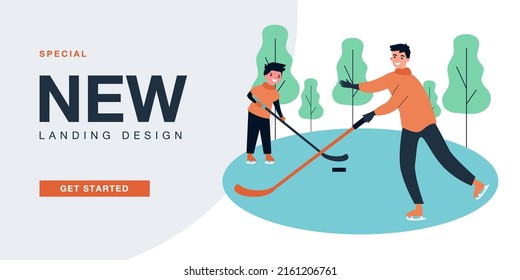 Parents Looking At Children Skating With Sticks And Puck. Boys Playing Hockey On Ice Rink Flat Vector Illustration. Winter Outdoor Activity Concept For Banner, Website Design Or Landing Web Page