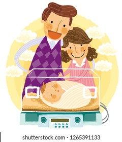 Parents looking at newborn baby in an incubator