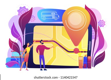 Parents looking at school bus location pin and map on tablet. Child tracking system, school bus route, child safety, security concious parents concept, violet palette. Vector isolated illustration.