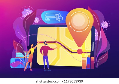 Parents looking at school bus location pin and map on tablet. Child tracking system, school bus route, child safety, security concious parents concept, violet palette. Vector illustration.