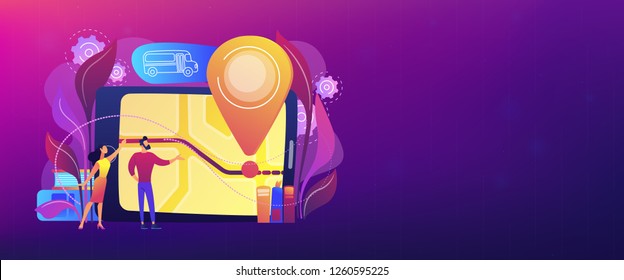 Parents looking at school bus location pin and map on tablet. Child tracking system, school bus route, child safety, security concious parents concept, violet palette. Header or footer banner.