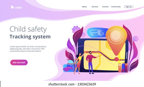 Parents looking at school bus location pin and map on tablet. Child tracking system, school bus route, child safety, security concious parents concept, violet palette. Website landing web page.