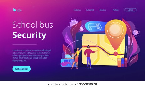 Parents looking at school bus location pin and map on tablet. Child tracking system, school bus route, child safety, security concious parents concept, violet palette. Website landing web page.