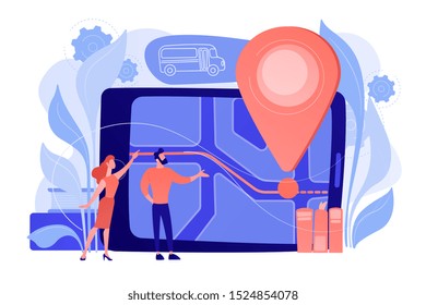 Parents looking at school bus location pin and map on tablet. Child tracking system, school bus route, child safety, security concious parents concept, violet palette. Vector isolated illustration.