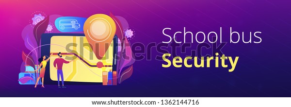 Parents looking at school bus location pin and\
map on tablet. Child tracking system, school bus route, child\
safety, security concious parents concept, violet palette. Header\
or footer banner.