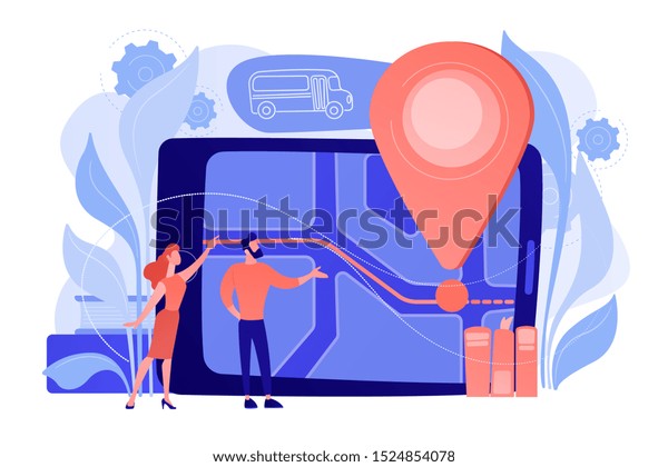 Parents looking at school bus location pin\
and map on tablet. Child tracking system, school bus route, child\
safety, security concious parents concept, violet palette. Vector\
isolated illustration.