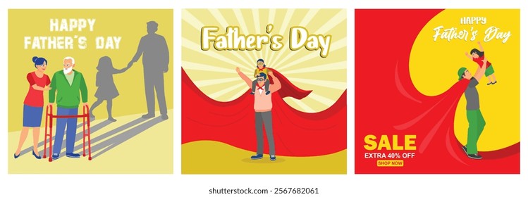 Parents' love for children. Father and son wearing superhero costumes. Father playing with his daughter. Father's Day concept. Set flat vector illustration.