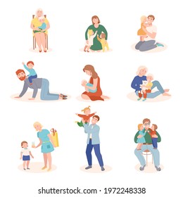 Parents Loving and Embracing Their Little Children Vector Illustration Set