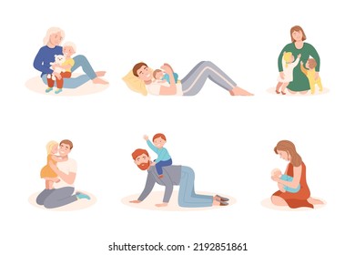Parents Loving and Embracing Their Little Children Vector Illustration Set