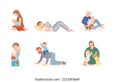 Parents Loving and Embracing Their Little Children Vector Illustration Set