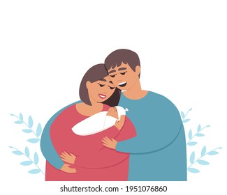 Parents lovingly look at their newborn sleeping baby. Newborn in mom's arms. Sweet baby sleeps sweetly. Family day card. Flat vector illustration.