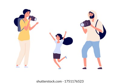 Parents make photos. Young girl photo model posing professional photographers. Flat style people with cameras vector characters