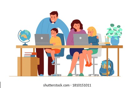 Parents Making Homework With Children In Front Of Laptops. Online Education Or Homeschooling Concept. Flat Vector Illustration. Isolated on White.