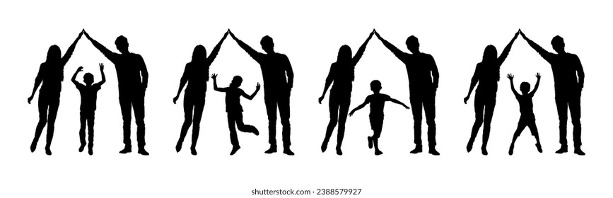 Parents making a roof symbol with hands gesture above kids silhouette.	