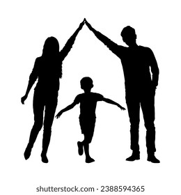 Parents making a roof symbol with hands gesture above their child silhouette. Family protection symbol hands gesture silhouette.