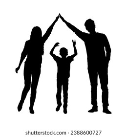 Parents making a roof symbol with hands gesture above child silhouette. Family protection symbol hands gesture silhouette.