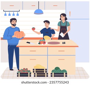 Parents making salad together with son, preparing vegetarian food on kitchen table. Culinary with family, food preparation at home concept. Young people cooking with groceries and kitchenware