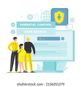 Parents manage websites their child visits and make content restrictions, vector illustration. Parental control.