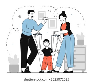 Parents manipulate boy. Man and woman control boy like marionette. Mental and psychological abuse. Bad parenting and relationship. Linear vector illustration isolated on white background
