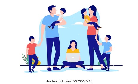 Parents with many children - Family of mom and dad with five kids standing. Flat design vector illustration with white background