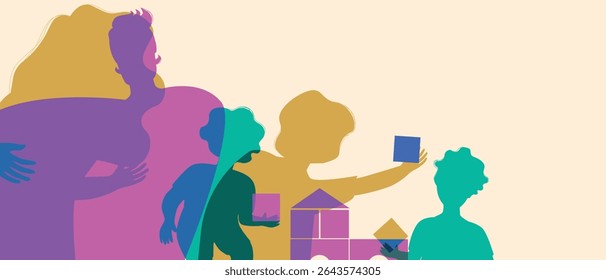 Parents with many children with kids playing with cubes, silhouette vector stock illustration as Authentic Family, copy space template for overlay