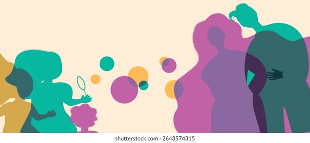 Parents with many children with kids playing with soap bubbles, silhouette vector stock illustration as Authentic Family silhouettes, copy space template for overlay