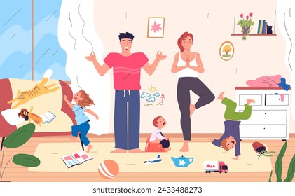 Parents meditating. Stressed parent with jump hyperactive baby home apartment, tired mommy calm dad relax yoga in family chaos mischievous kids, serenity vector illustration of meditation parent