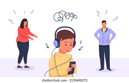 Parents misunderstanding. Sad teenager and scolding parent, troubled teenagers ignoring mom dad, children bad behavior angry family parenthood problem, vector illustration. Problem conflict teenager