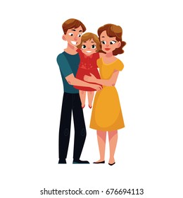 Parents, mom and dad, holding little daughter, loving family, cartoon vector illustration on white background. Full length portrait of little family, mother, father and daughter, hugging each other