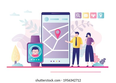 Padres vigilando el paradero de su hijo. Pantalla telefónica con aplicación de seguimiento de geolocalización. Concepto de control y protección de los padres. Mamá y papá se comunican con el niño a través de smartwatch. Ilustración del vector