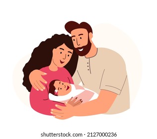 Parents Mother And Father Holding Newborn Baby.Happy Parenting.Family Portrait With New Born Child.Wife,husband With Infant In Hands.Flat Graphic Vector Illustration Isolated On White Background