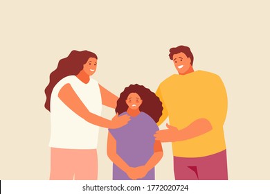 Parents mother and father supporting their upset child. Family and support vector illustration