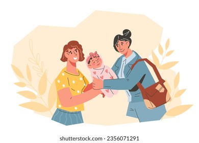 Parents need to take a leave of absence, finding babysitter, flat cartoon vector illustration isolated on white background. Hiring a babysitter during parent leave.