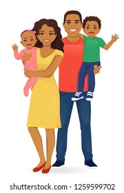 Parents with newborn baby girl and toddler boy vector illustration isolated. Happy family portrait. Mother and father with daughter and son