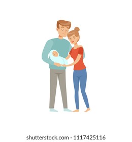 Parents with newborn baby, mother and father hugging their kid, happy family concept vector Illustration on a white background