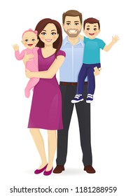 Parents with newborn baby and toddler boy vector illustration isolated. Happy family portrait. Mother and father with daughter and son