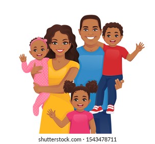 Parents with newborn baby, toddler boy and girl vector illustration isolated. Happy african family portrait. Mother, father, daughter, son