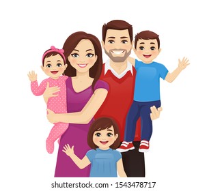Parents with newborn baby, toddler boy and girl vector illustration isolated. Happy family portrait. Mother, father, daughter, son.