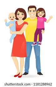 Parents with newborn baby and toddler girl vector illustration isolated. Happy family portrait. Mother and father with daughter and son