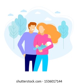  Parents on a walk with their child isolated on the white background. Couple with baby