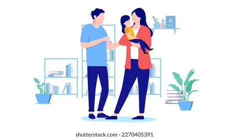 Parents with one child - Couple standing at home in living room holding little kid girl in hands. Flat design vector illustration with white background